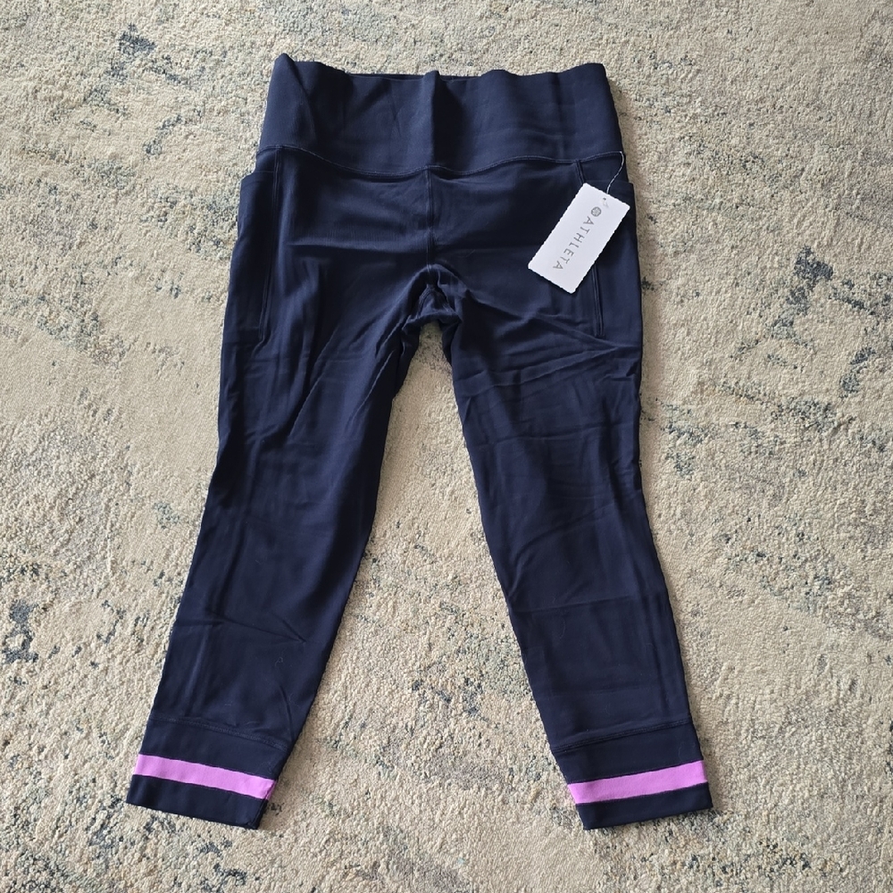 Athleta Salutation Stash Colorblock 7/8 Dark Blue Leggings With Pink Accents
